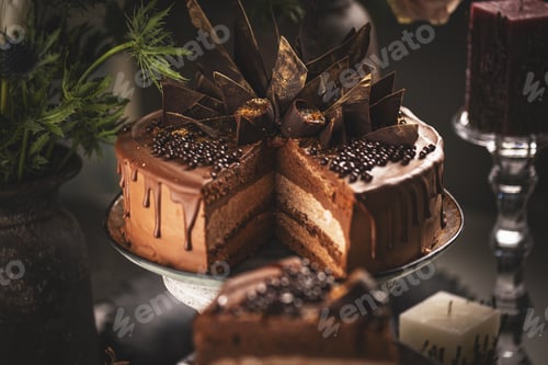 Preview: Still life of layered chocolate mousse cake