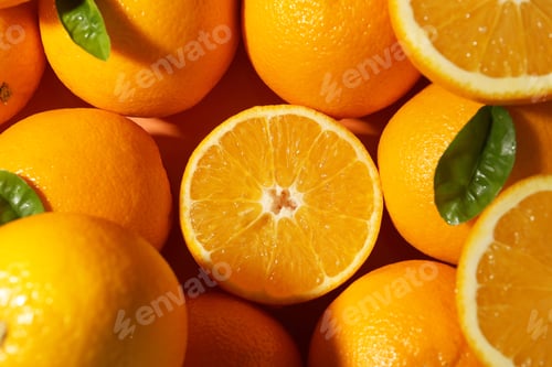 Preview: Tasty ripe fresh oranges and leaves as background, top view