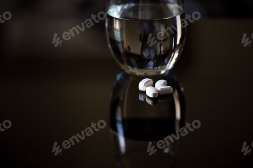 Preview: Pill tablets and a glass of water on a shiny black countertop or table