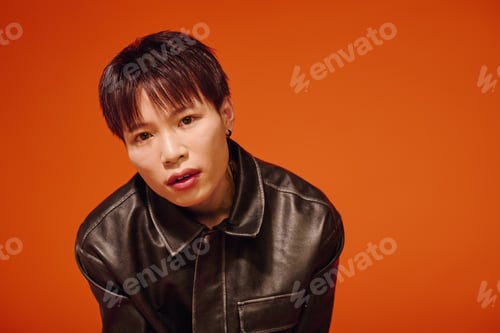 Preview: Stylish asian man showcasing confidence and charm in front of a vibrant orange background