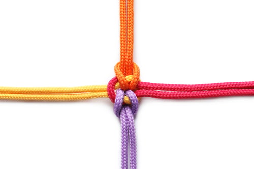 Preview: Colorful ropes tied together on white background. Unity concept