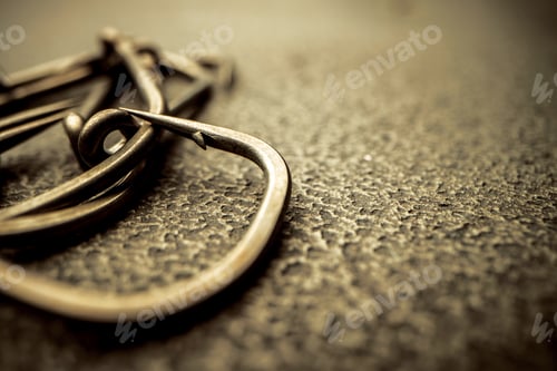 Preview: Fishing hooks on concrete textured background macro