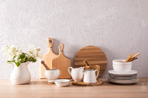 Preview: Stylish modern kitchen background with various kitchen utensils made from natural materials