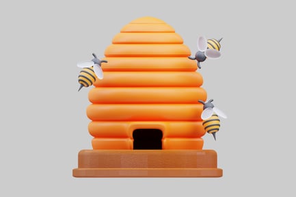 Preview: Beehive with bees in flight