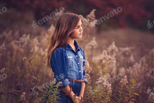 Preview: Young girl in field during fall season reflecting
