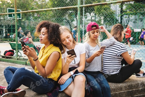 Preview: Young adult friends using smartphones together outdoors youth cu