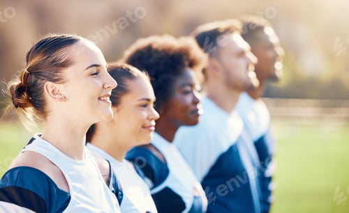 Preview: Cheerleaders, sports line or people cheerleading with support, hope or faith on field in match game