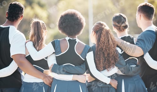 Preview: Cheerleader team, back and people hug for sports competition support, solidarity and audience watch