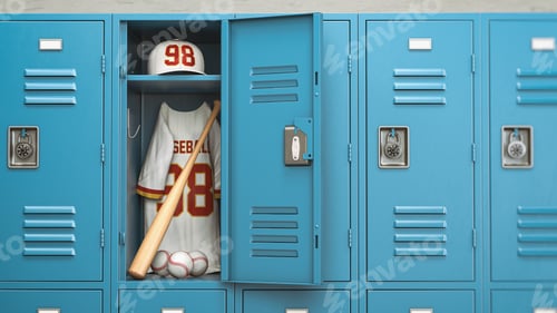 Preview: Baseball ball and bat in a school locker room. Baseball sport equipment and training concept.