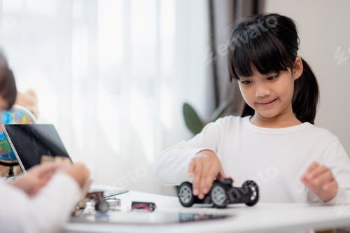 Preview: Asia students learn at home in coding robot cars and electronic board cables in STEM,