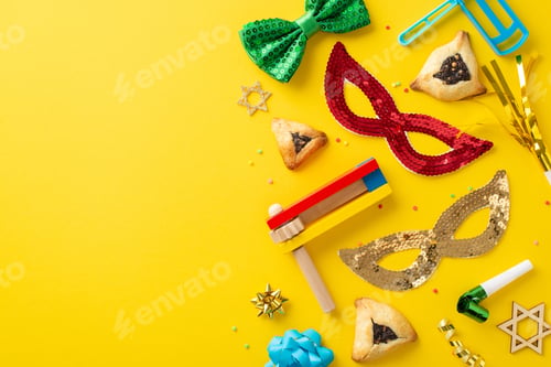 Preview: Festive Purim theme showcasing overhead shot of triangle cookies, Star of David symbols