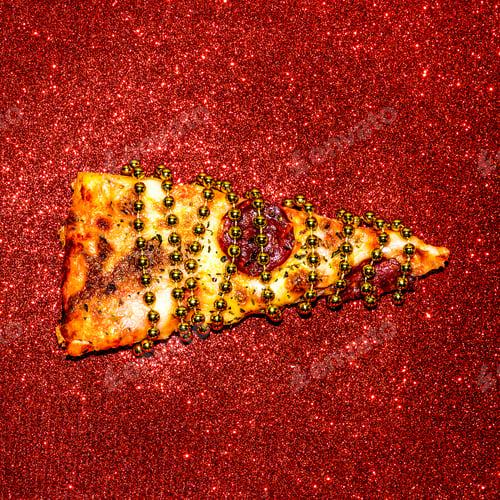 Preview: Slice of pizza on red sequins. Fast Food Art Flat lay minimal
