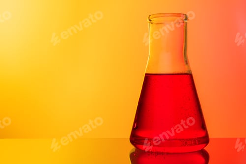 Preview: Science concept. Glass test tubes on red background