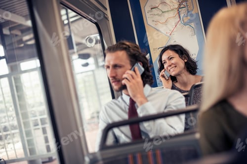 Preview: Two people seated on a bus talking on their cell phones