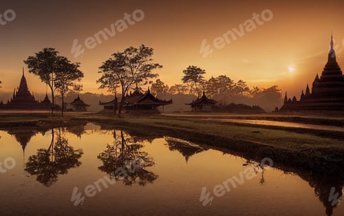Preview: buddhist temples at sunset digital illustration