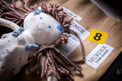 Preview: Testing of a rag doll implicated in a murder at a crime lab for DNA analysis, conceptual image