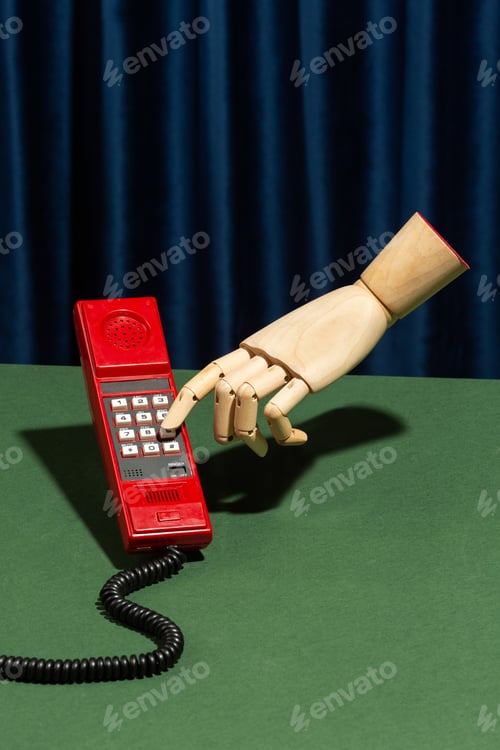 Preview: Wooden hand dials a number on a retro phone. Conceptual photo