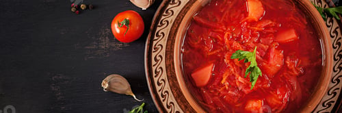 Preview: Traditional Ukrainian Russian borscht or red soup on the bowl. Banner. Top view
