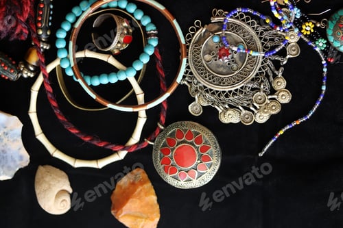 Preview: various silver and bead jewelry on a black background