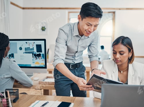 Preview: Partnership, discussion and business people with document data while talking with collaboration on