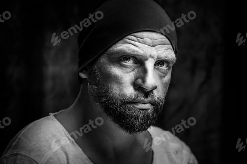 Vorschau: Graustufen eines kaukasischen Mannes, der mit ernstem Gesicht heftig in die Kamera schaut