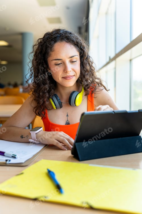 Preview: Young curly haired girl smiling using tablet in university library