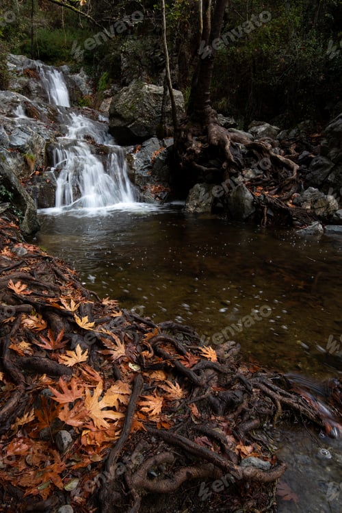 Preview: Waterfall with falling water small lake and yellow leaves on tree in autumn