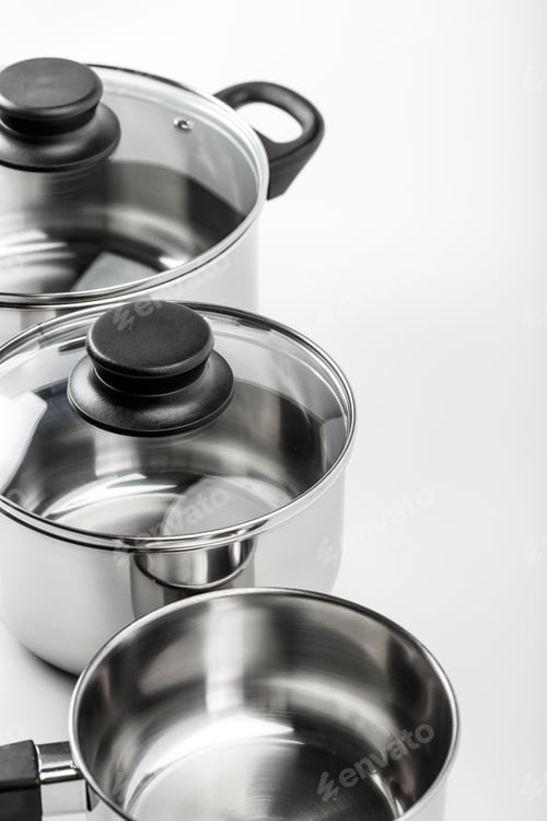 Preview: Stainless steel pots and pans isolated on white