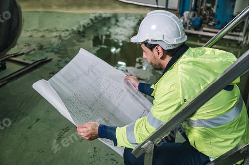 Preview: Technician engineer man sitting and holding blueprint of project in beverage plant