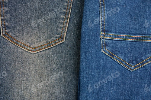 Preview: Two pieces of denim fabric are displayed side by side, showcasing a faded light blue pair
