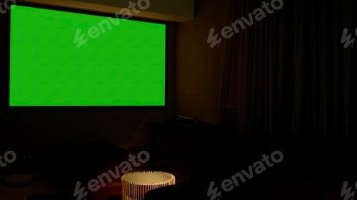 Preview: LcD smart TV screen with a blank green background in the living room. Media. Chroma key screen for