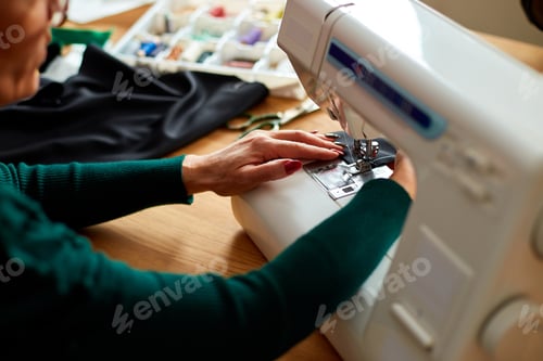 Preview: Step by step, 50-yers old woman sews clothes on sewing machine