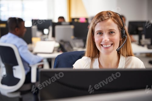 Preview: Young woman working at computer with headset in busy office