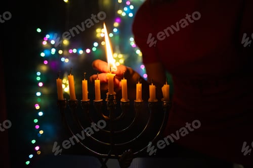 Preview: lighting a hanukkah Menorah - Candles With Glittering And David Stars