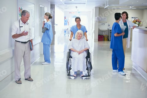 Preview: Nurse pushing senior female patient in wheelchair onto hospital ward