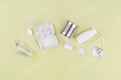 Preview: Food plastic, metal, cardboard packaging. Concept of Recycling plastic and ecology.