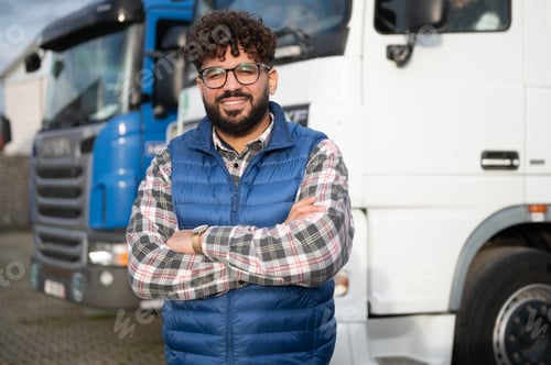Preview: Professional truck driver smiling with arms crossed
