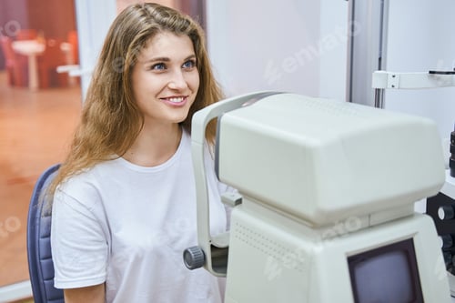 Preview: Cheerful young woman having eye examining in clinic
