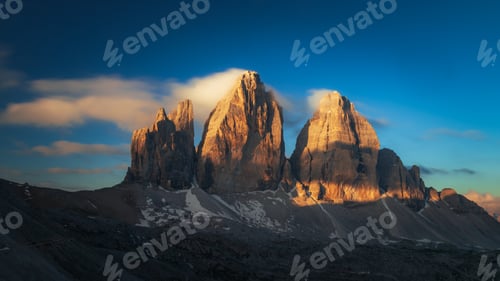 Preview: The Three Peaks of Lavaredo or Tre Cime di mountain at sunrise, Dolomites mountains, Italy, Europe
