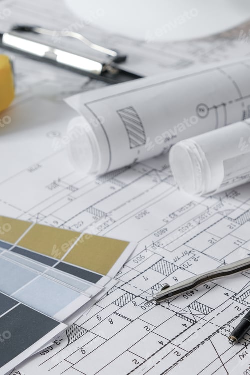 Preview: architect design working drawing sketch plans blueprints and making architectural construction model