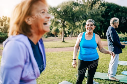 Preview: Senior sport people having fun during yoga class outdoors at park city - Elderly community