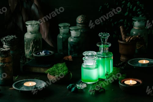 Preview: Witchcraft still life concept with potion, spell book, herbs ingredients candles magical equipment
