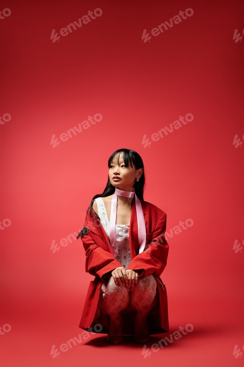 Preview: Elegantly poised Asian woman in vibrant red attire against a rich red backdrop
