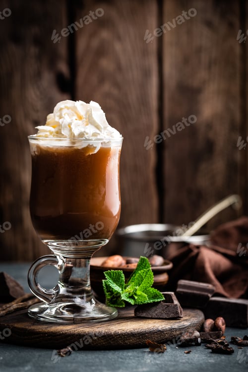 Preview: Iced cocoa drink with whipped cream, cold chocolate beverage, coffee frappe on dark background