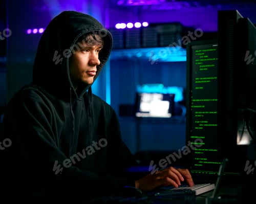 Preview: Low Key Lighting Shot Of Male Computer Hacker Sitting In Front Of Screens Breaching Cyber Security