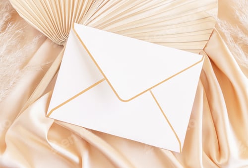 Preview: Blank envelope on beige satin fabric and dried palm leaf close up, greeting or wedding mockup