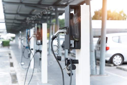 Preview: Electric car on electric car charging station. Power supply for electric car charging.