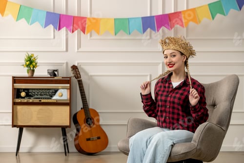 Preview: festa junina cute girl in straw hat brazilian midsummer with retro radio guitar