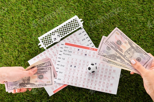 Preview: partial view of female hands with dollar banknotes near toy soccer balls, gates and betting lists on