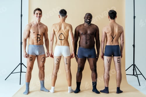 Preview: Multiethnic group of men posing for body positive